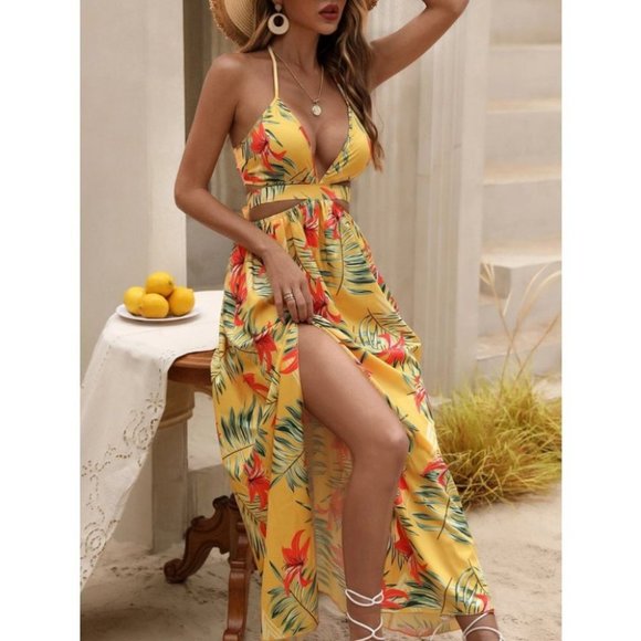 Yellow Tropical print Maxi dress with thigh slit - Picture 6 of 10